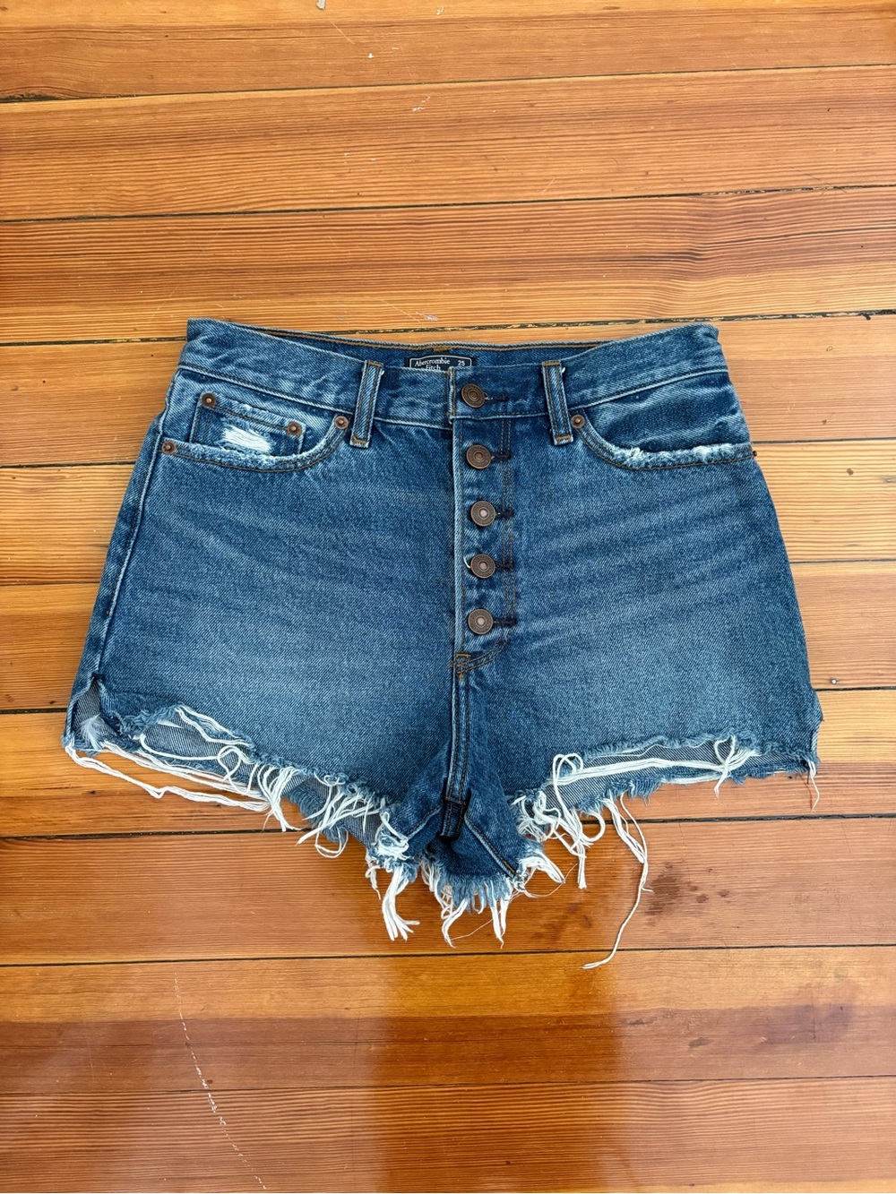 Abercrombie & Fitch Button-Front Distressed Denim Shorts - Blue